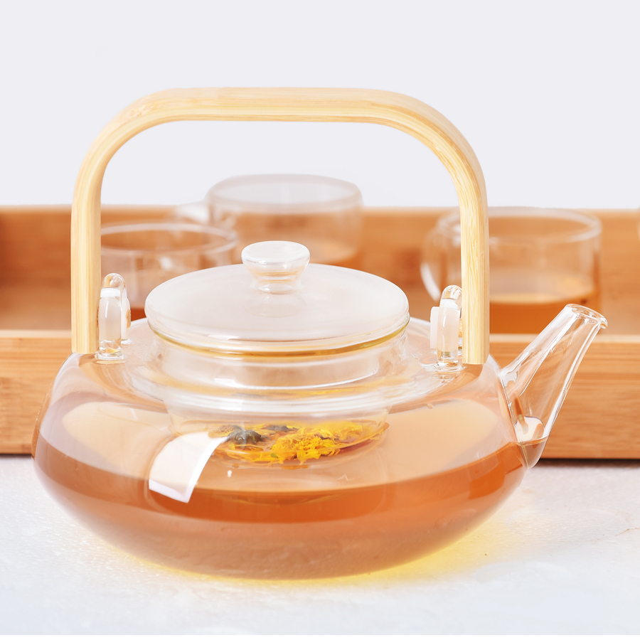 Bộ Ấm Thủy Tinh Chịu Nhiệt Quai Gỗ Cao Cấp Kèm 6 Chén Và Khay Sang Trọng