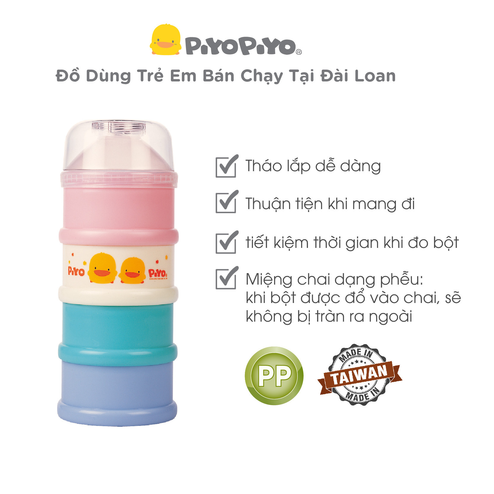 Hộp chia sữa 4 tầng Piyo Piyo - PY830007 có phễu, mỗi ngăn chứa đủ bữa ăn của một lần