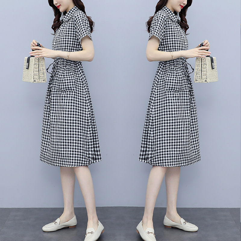 Đầm suông sơ mi form rộng kẻ caro, Đầm sơ mi nữ dáng dài tay ngắn phong cách công sở Haint Boutique Da174
