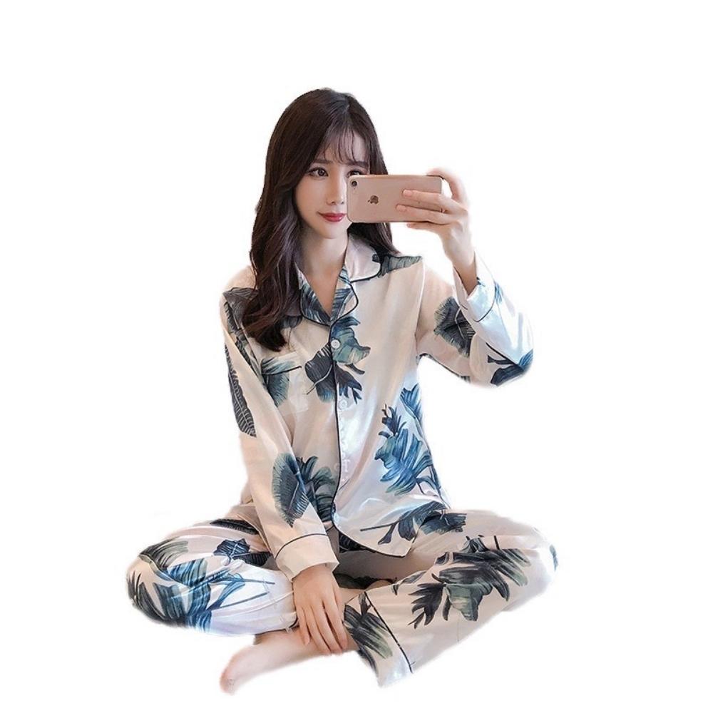 Đồ bộ pyjama nữ, đồ mặc nhà VILADY - B115 kiểu tay dài quần dài họa tiết lá xanh, chất liệu lụa Pháp ( lụa latin) siêu mát