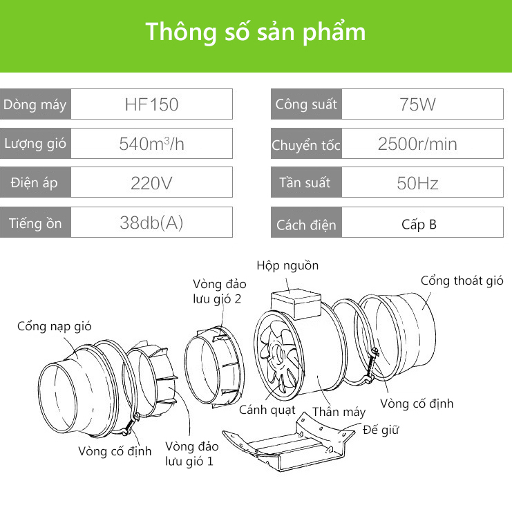 Quạt thông gió hút mùi đường ống đa năng hiệu suất cao chuyên dùng cho nhà bếp công sở nhà vệ sinh không ồn