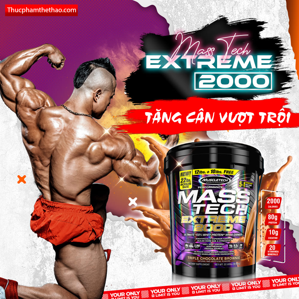 Sữa tăng cân tăng cơ Mass Tech Extreme 2000 22lbs (~10kg) – Hỗ trợ Tăng Cân Nhanh + Tăng Sức Mạnh từ nguồn dinh dưỡng đầy đủ như 1 bữa ăn - Hàng nhập khẩu chính hãng - Thương hiệu Muscletech - Kèm quà tặng