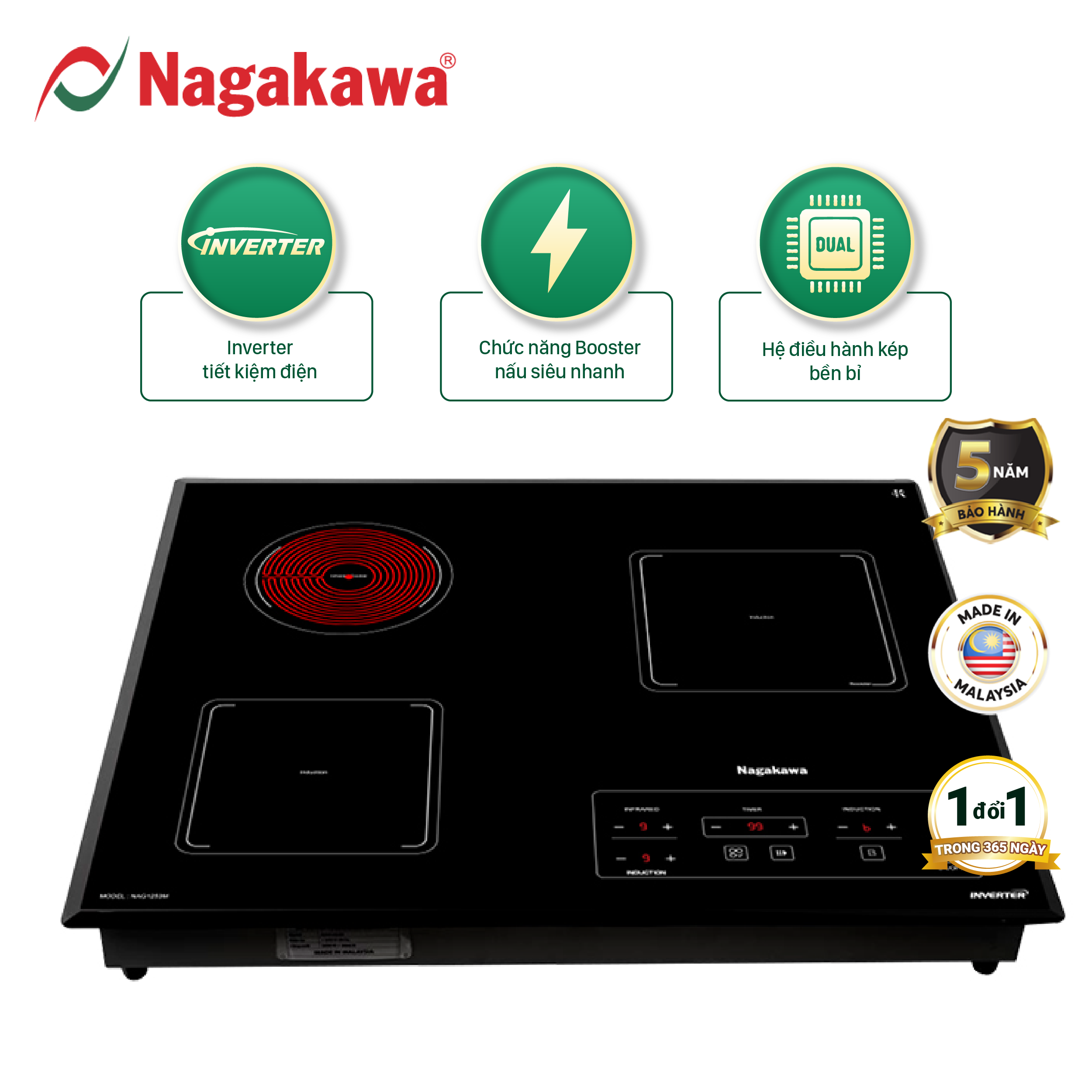 Miễn phí giao lắp toàn quốc - Bếp 3 lò điện từ hồng ngoại Inverter Nagakawa NAG1253M (59 cm) Premium - Bảo hành 5 năm - Made in Malaysia - Hàng Chính Hãng