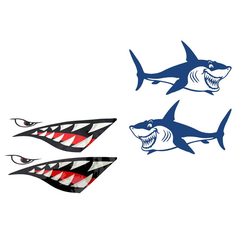 2 Pieces Vinyl Shark Decals + 2 Pieces Shark Teeth Mouth Stickers Kayak Boat Motorcycle Car Bumper Graphics