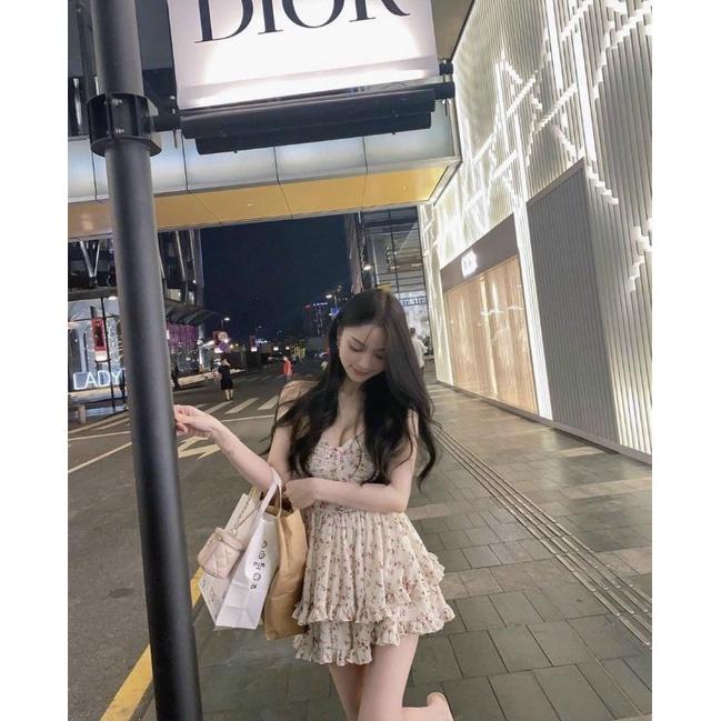 Đầm 2s Hoa nhí xòe nút bọc kèm khoát trắng