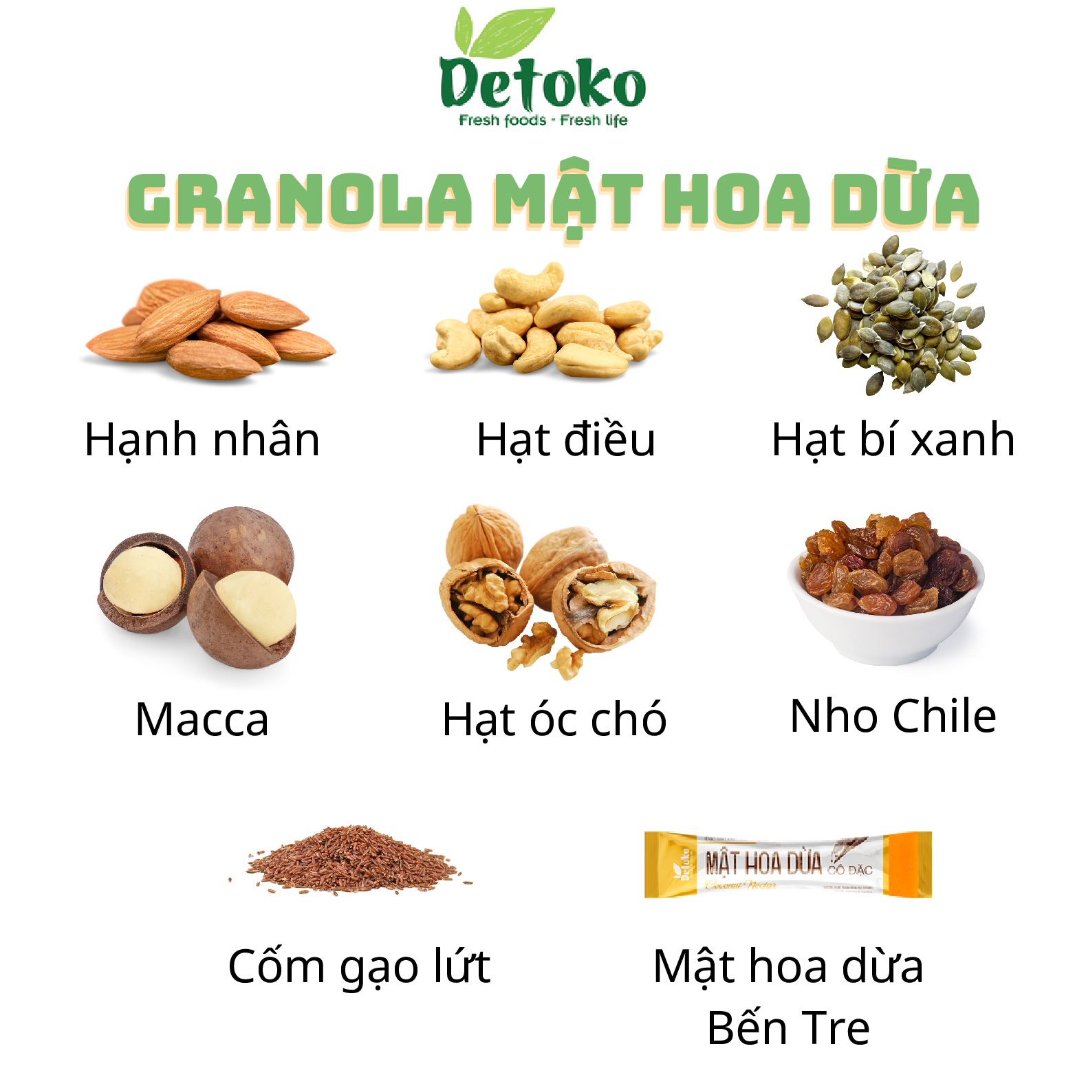 Granola mật hoa dừa siêu hạt Detoko giảm cân không đường tốt cho người ăn kiêng, bà bầu 300G