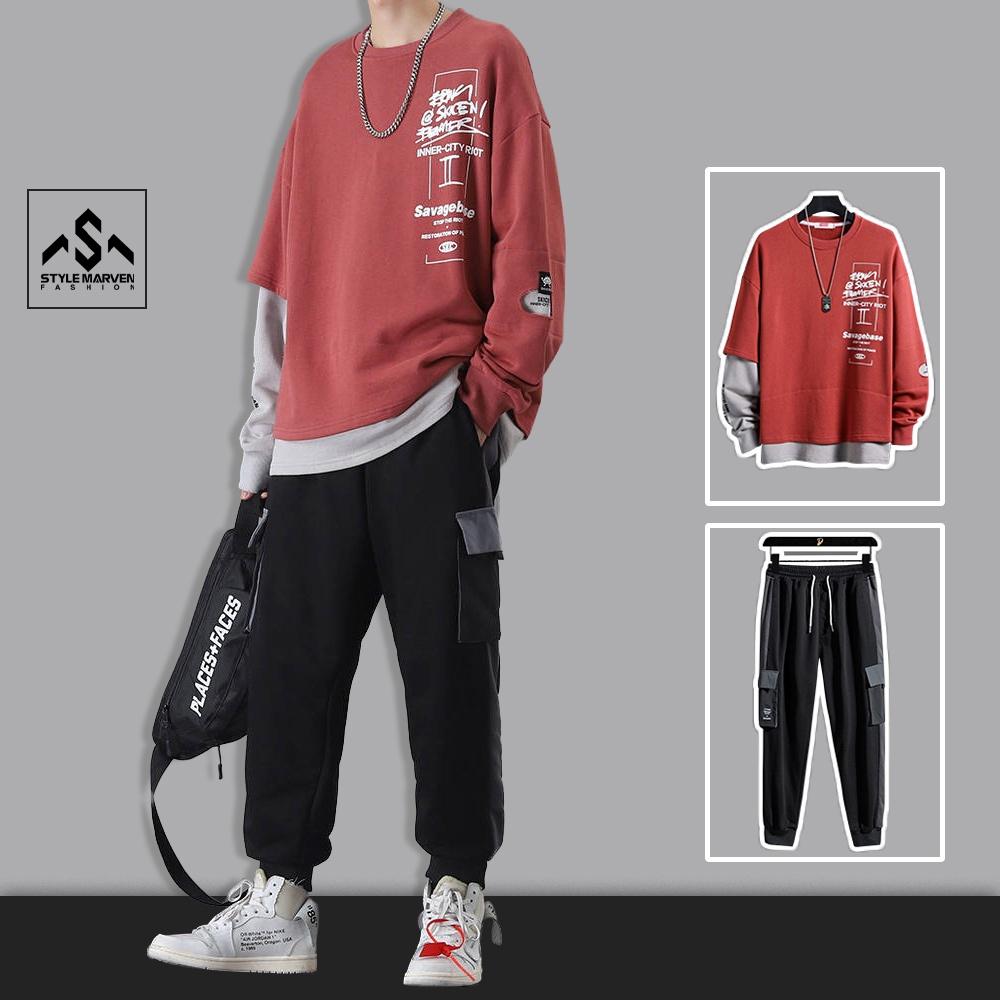 Bộ quần áo nỉ nam STYLE MARVEN áo layer 2 màu phối jogger túi bo ống năng động thời trang - SET NAM 90000155