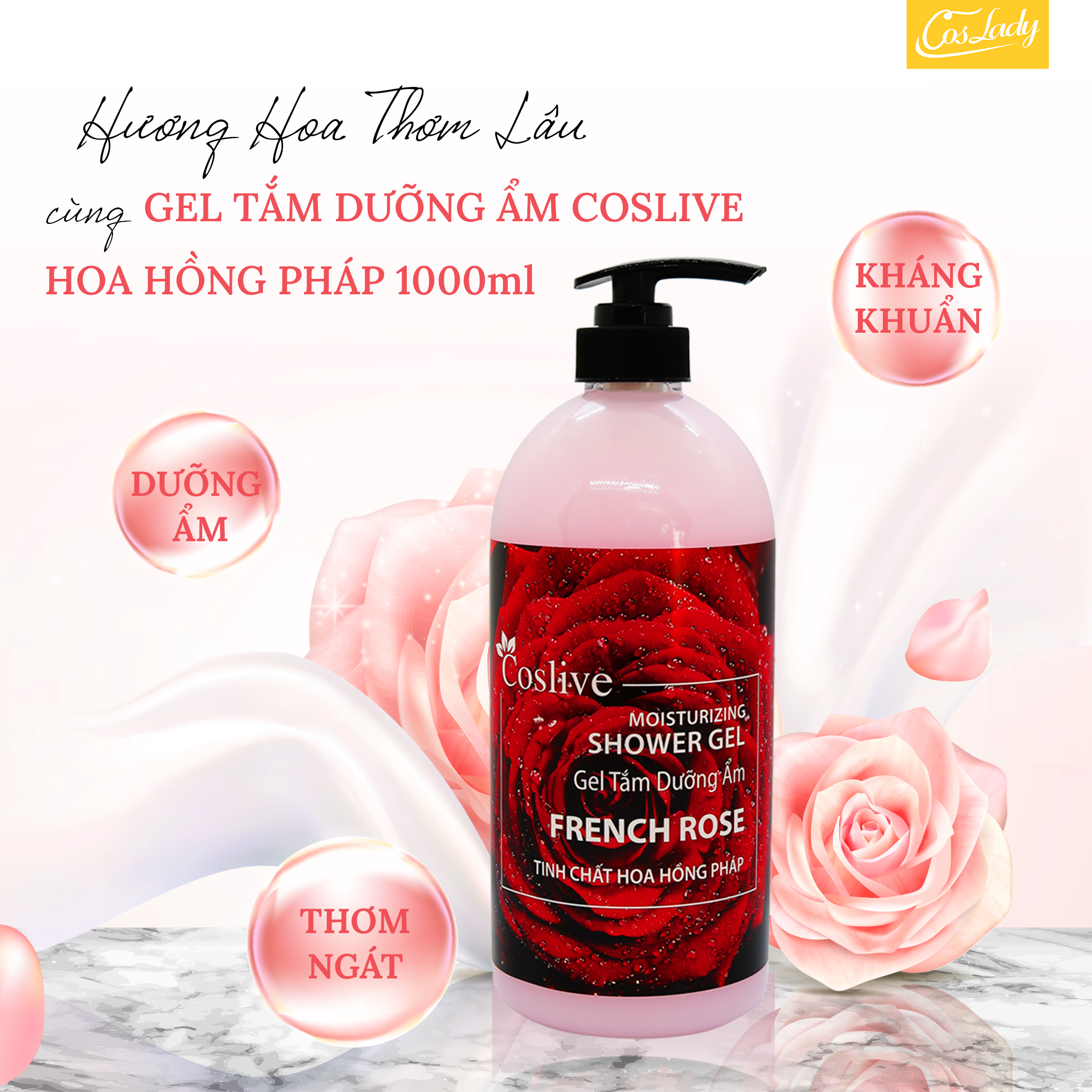 Gel Tắm Dưỡng Ẩm Tinh Chất Hoa Hồng Pháp Coslive 1000ml