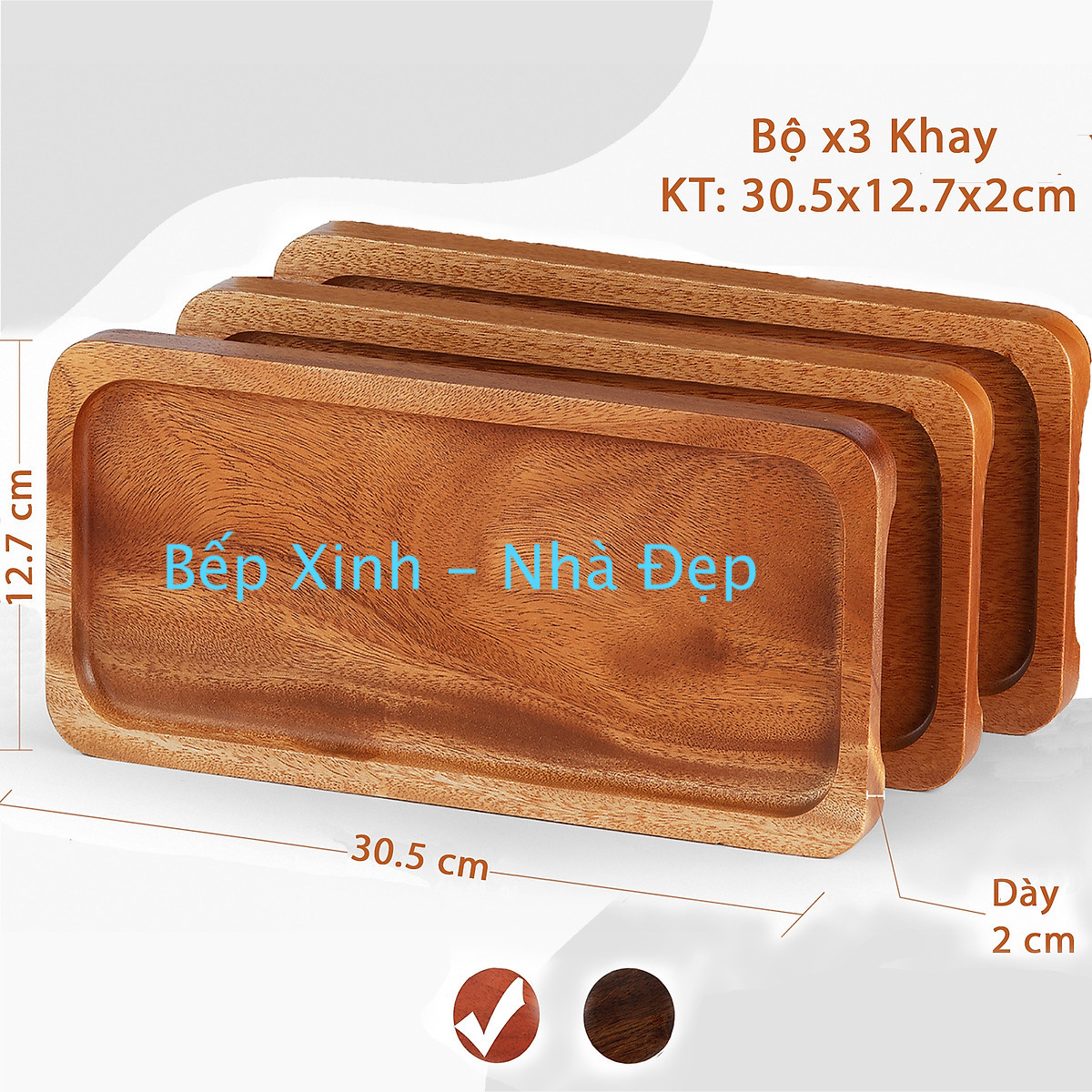 KHAY CHỮ NHẬT BẰNG GỖ XÀ CỪ NGUYÊN KHỐI CÓ 2 MÀU KT 30.5 x 12.7 x 2cm