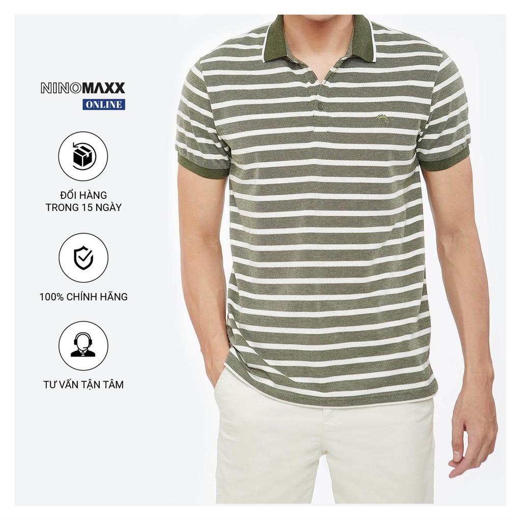 Áo Thun Polo Nam cổ bẻ Ninomaxx sọc xanh rêu 100% cotton mã 1906003