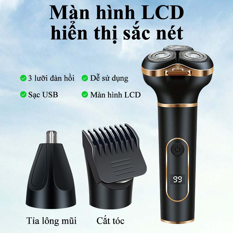 Máy Cạo Râu Đa Năng 3 In 1 Hàn Quốc Cao Cấp Tông Đơ Cắt Tóc Tỉa Lông Mũi Cạo Khô Cạo Ướt Dao Cạo Râu Điện Cạo Lông Chống Nước IPX7 Có Thể Thay Lưỡi Pin Trâu - ML030