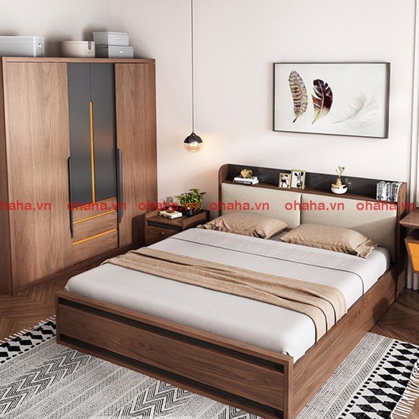 [Miễn phí vận chuyển &amp; lắp đặt] Giường ngủ thông minh cao cấp bọc nệm đầu giường gỗ công nghiệp Nâu Walnur Ohaha - GN010