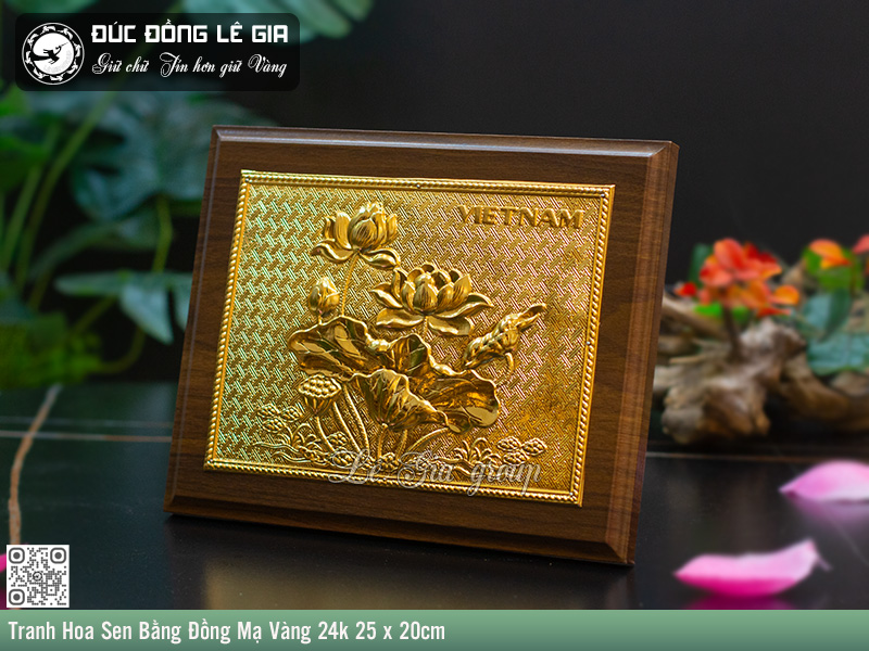 Tranh Hoa Sen Bằng Đồng Mạ Vàng 24k 25 x 20cm