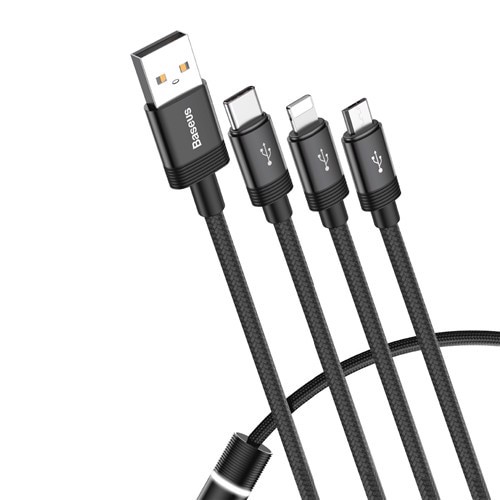 Dây cáp sạc nhanh 3 in 1 Lightning / Type C / Micro USB hiệu Baseus Data Faction hỗ trợ sạc nhanh 3.5A, sạc &amp; truyền dữ liệu cùng lúc 3 đầu 3 thiết bị trang bị đèn LED - Hàng nhập khẩu