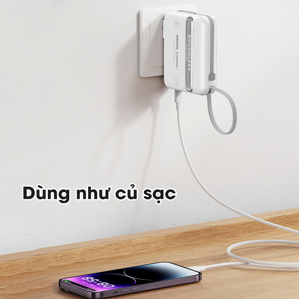 Củ sạc kiêm sạc dự phòng đa năng 15000mah Remax RPP-588 Tích hợp cáp sạc 45W sạc cả máy tính bảng và laptop - Hàng Chính Hãng Remax