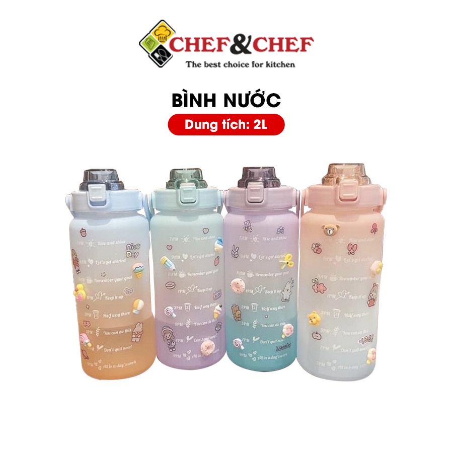 Bình nước 2 lít CHEF&amp;CHEF cute chia vạch nhắc nhở co ống hút và quai xách tiện- Hàng Chính Hãng.