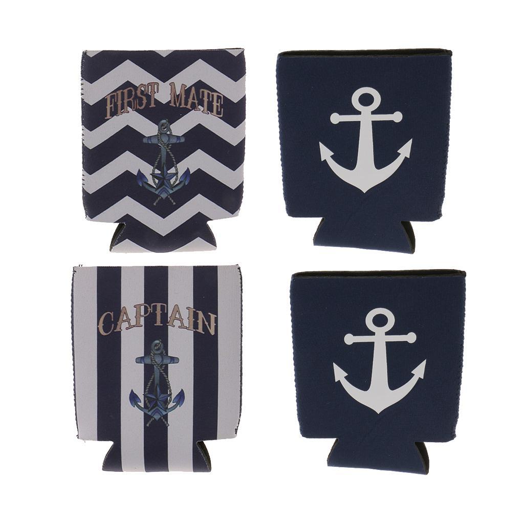 4pcs Stubby Beer Bottle Tin Can Cooler Sleeve Wrap First Mate Captain Anchor