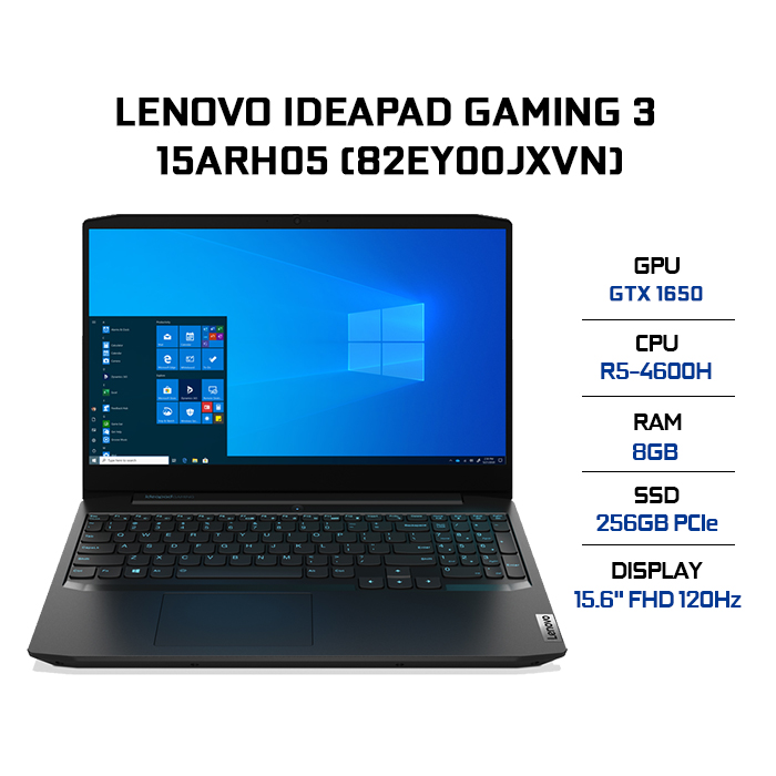 Laptop Lenovo IdeaPad Gaming 3 15ARH05 82EY00JXVN (AMD R5-4600H/ 8GB DDR4 3200MHz/ 256GB SSD M.2 2242 PCIe/ GTX 1650 4GB GDDR6/ 15.6 FHD IPS, 120Hz/ Win10) - Hàng Chính Hãng