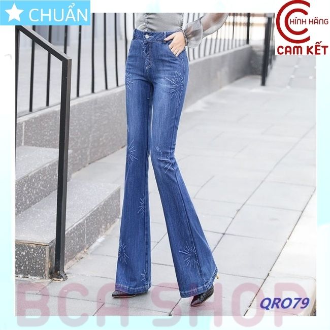 Quần jean nữ ống loe QRO79 ROSATA tại BCASHOP dáng dài thêu họa tiết, lưng cao 1 nút, phom chuẩn, chất liệu jean cao cấp - màu xanh