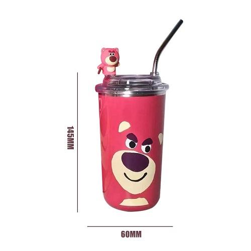 Ly Giữ Nhiệt Inox 304 Cao Cấp Họa Tiết Gấu Dâu Dễ Thương Lotso Tặng Kèm Ống Hút Tiện Lợi