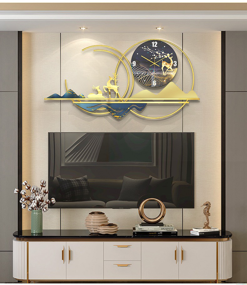 Đồng hồ treo tường nghệ thuật Hươu vàng KT 900*480mm