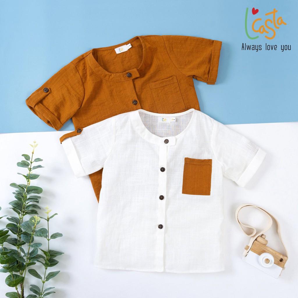 Áo sơ mi bé trai cổ tròn linen trắng 1 đến 6 tuổi L'Casta
