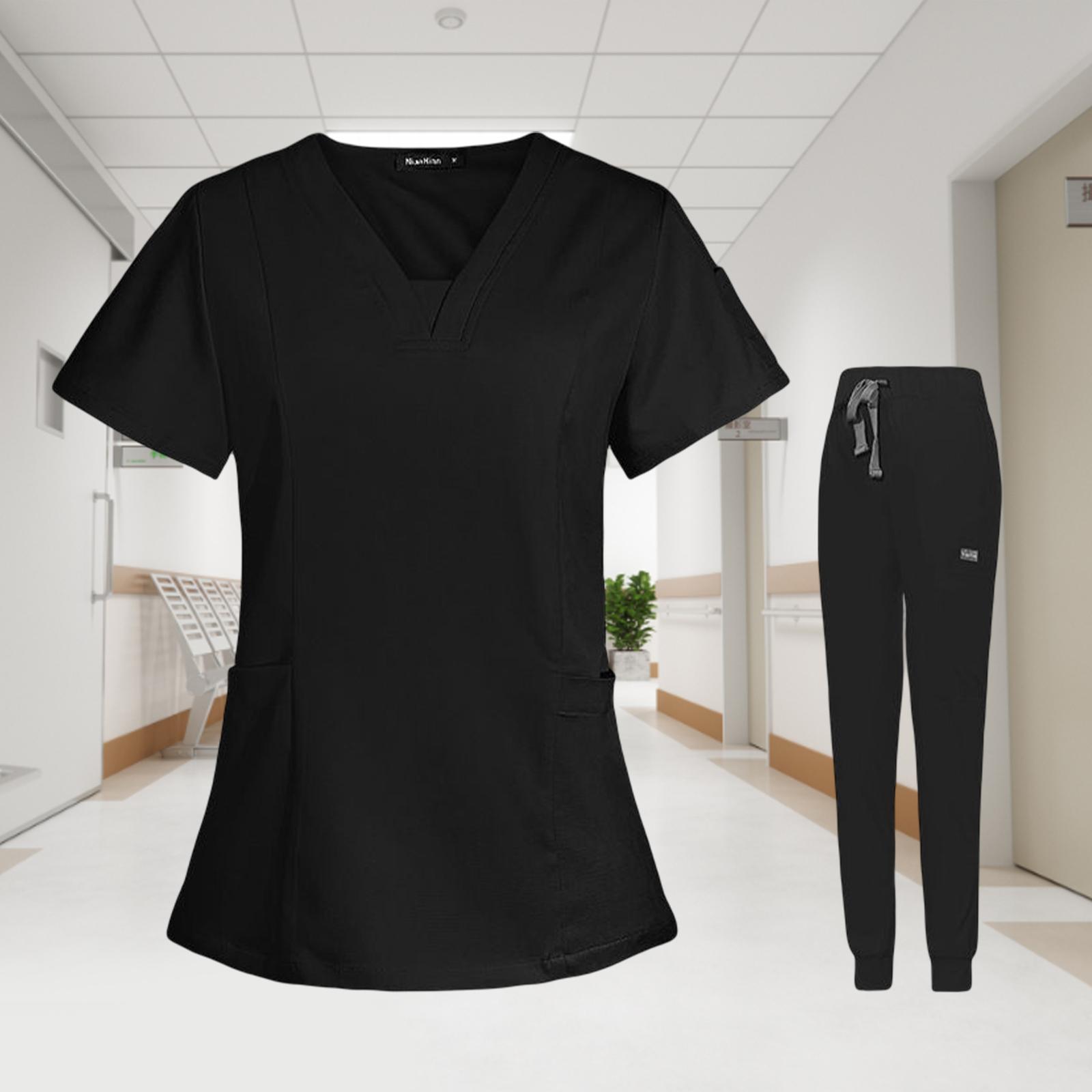 Men Women Scrubs Set, Nursing Uniforms Stretch V Neck Scrub Top and Pants Esthetician Workwear Hospital Nurse Costume for Pet Groomer,