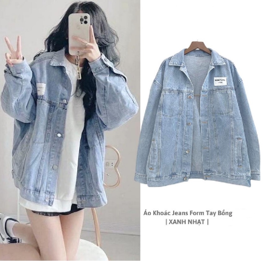 Áo Khoác Jeans Nữ Màu Xanh Nhạt Form Rộng Tay Bồng Có Tag Thêu