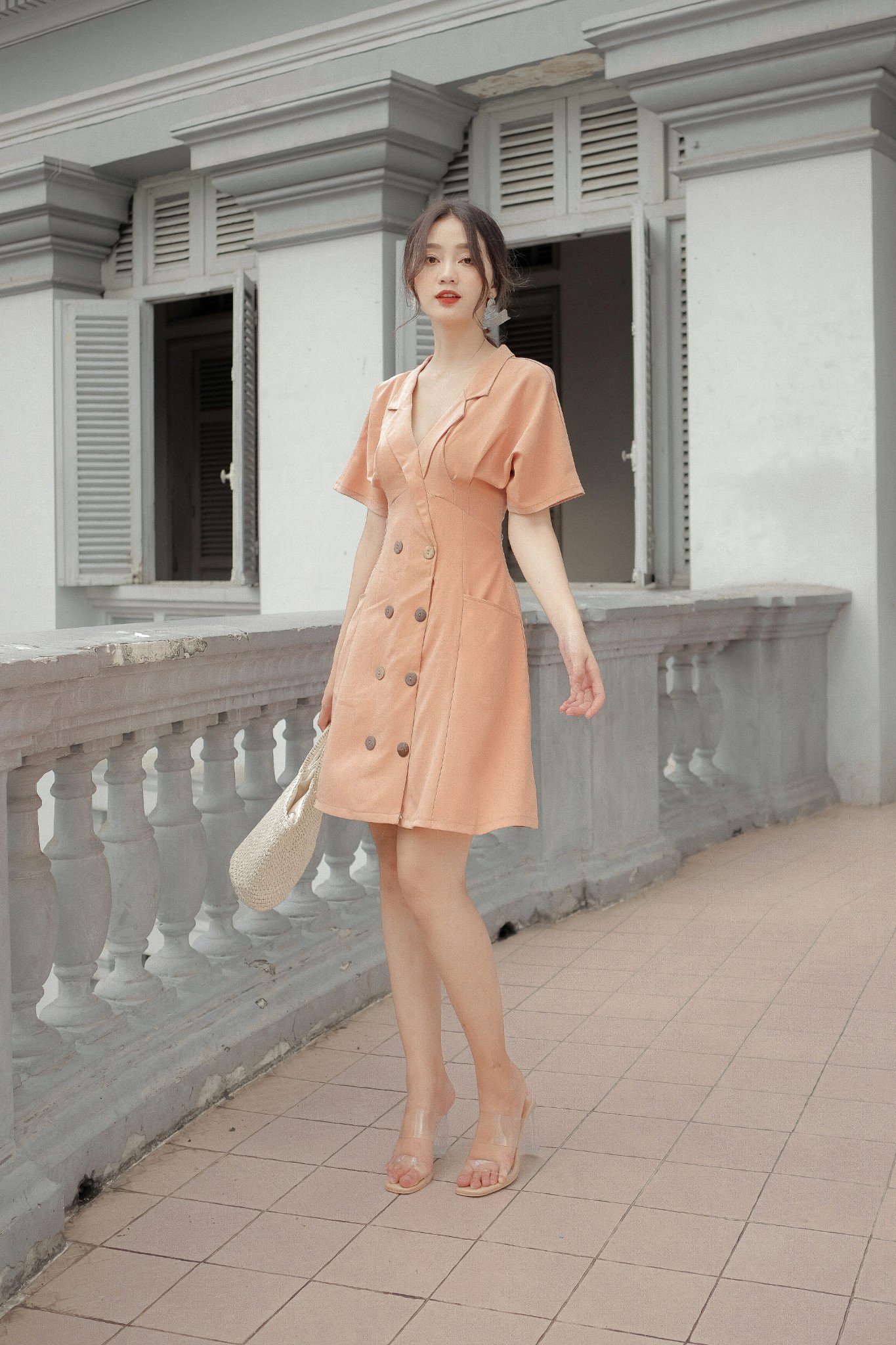 ĐẦM CỔ VEST NÚT 2 TÚI - s