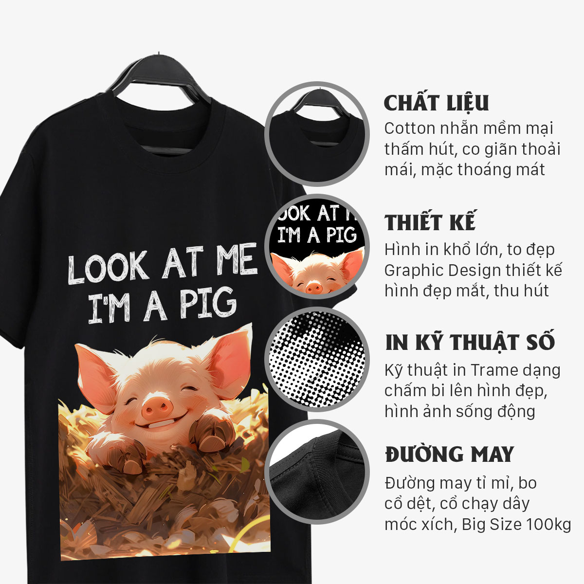 Áo thun nam cổ tròn tay ngắn TeeSett big size boy phố cotton màu đen in hình heo graphic design