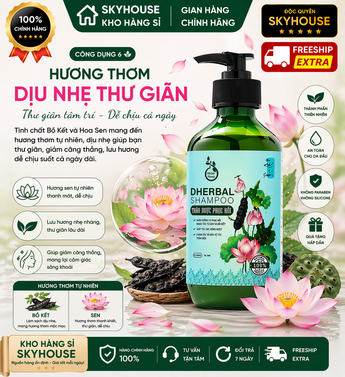 Dầu gội thảo dược thiên nhiên tinh chất sen bồ kết độc quyền DHERBAL chai 300ml dầu gội phục hồi tóc hư tổn chính hãng