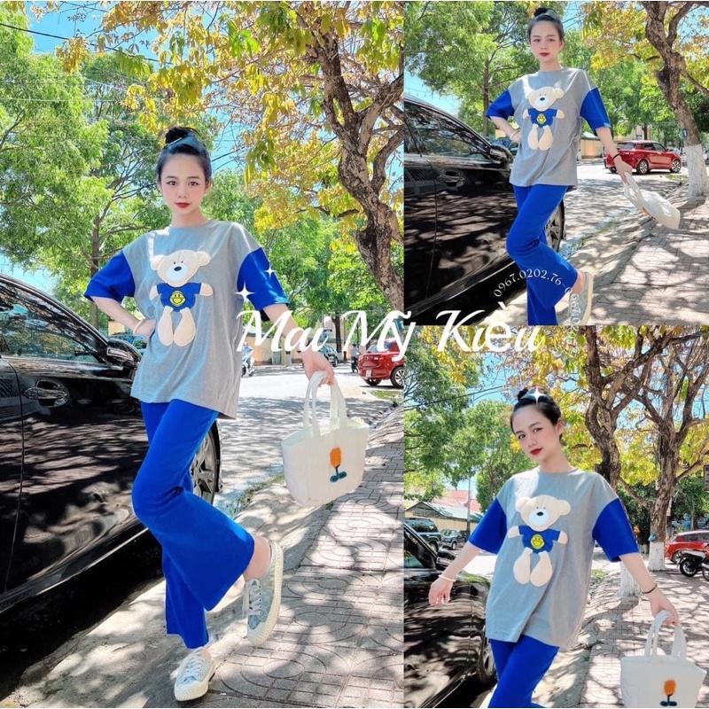 Set quần ống rộng áo thun cotton tay phối gấu thêu xinh xắn