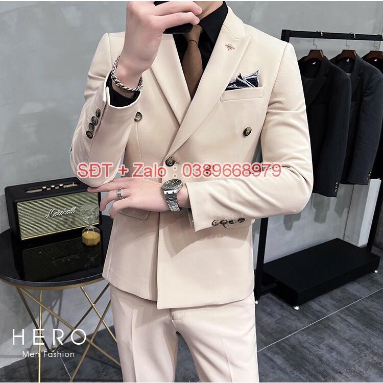 Bộ Vest Nam Cao Cấp Hàn Quốc 6 Khuy Màu Be, Bộ Suit Nam Chất Vải Sịn màu Kem