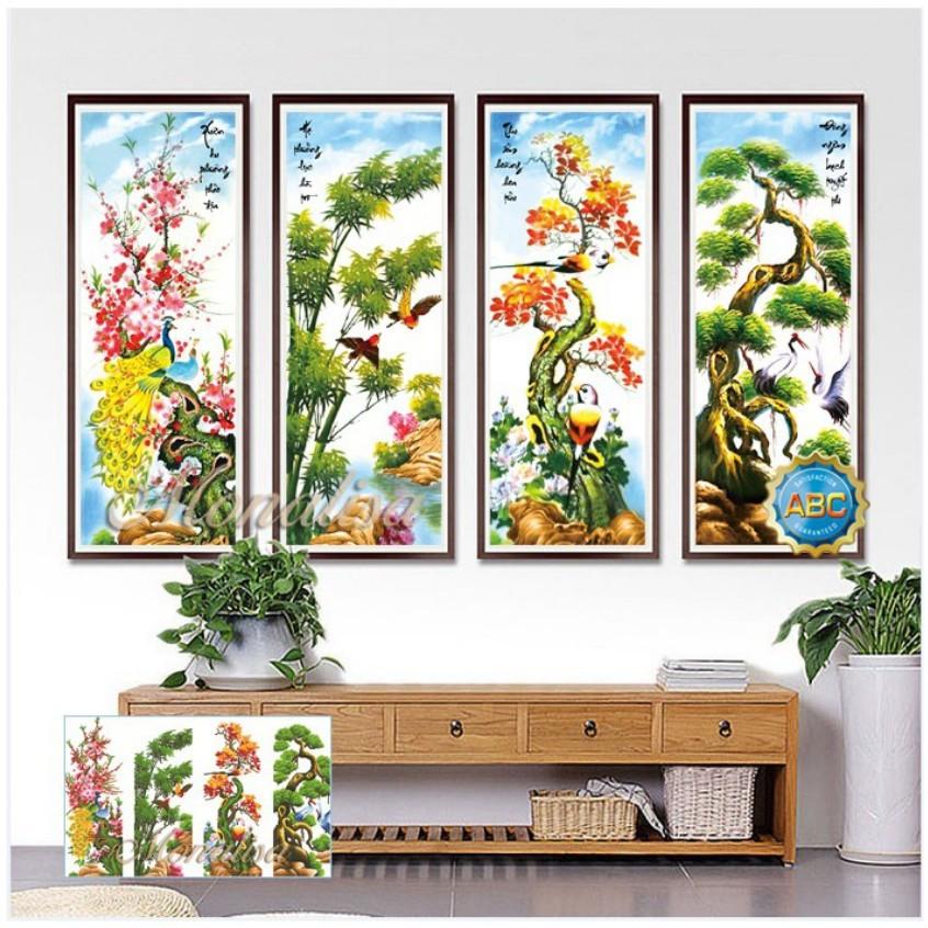 Tranh Đính Đá TỨ QUÝ TÙNG CÚC TRÚC MAI. Kích Thước: 1m21 x 75cm