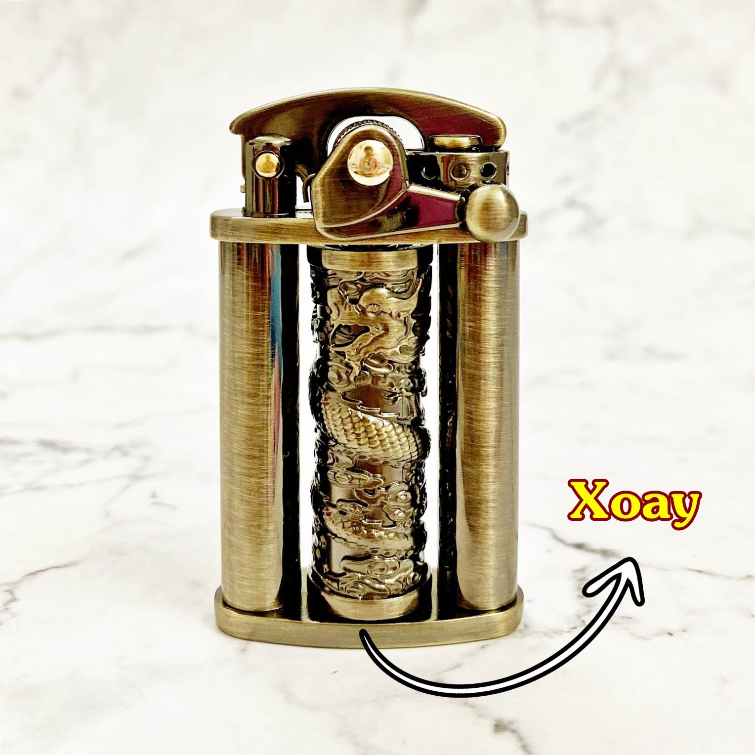 Bật lửa hột quẹt xăng đá cổ búng lửa đánh tay hình trụ rồng xoay Z629 Fullbox - xài xăng