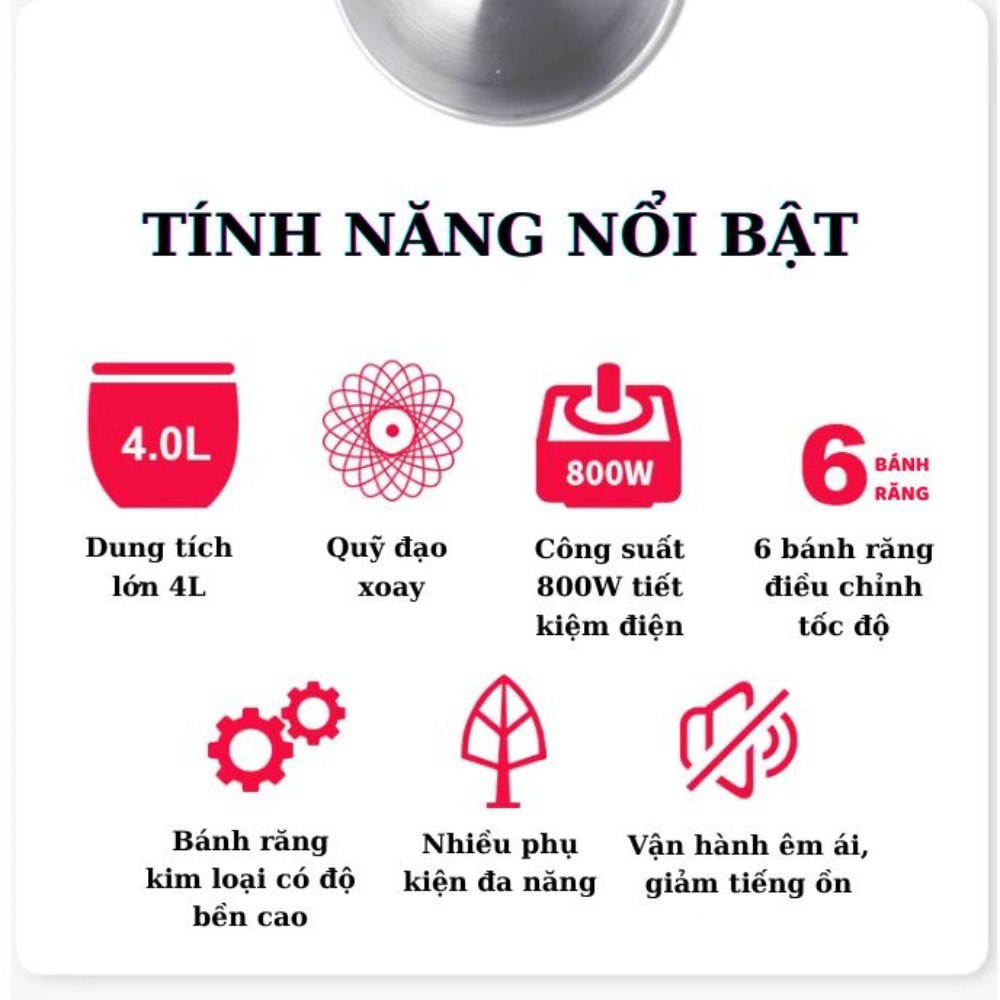 Máy đánh trứng trộn bột để bàn SOKANY SC-209, công suất lớn 800W,  cối INOX 4L trộn bột, nhào bột tự động - HÀNG CHÍNH HÃNG - DELIYA