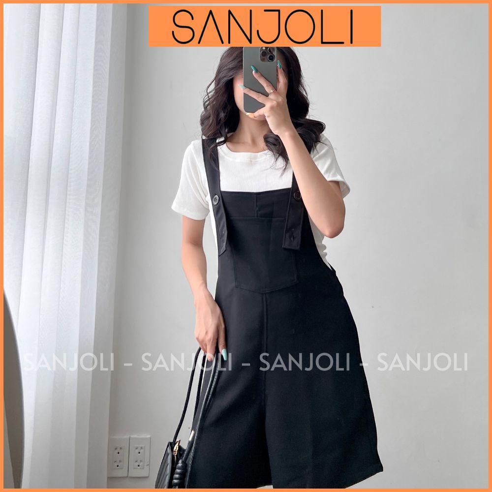 Quần Short Nữ SANJOLI Quần Yếm Ngắn Form Rộng Dây Đeo Có Thể Điều Chỉnh Vải Cotton Có Túi Vintage Màu Nâu Đen QD015