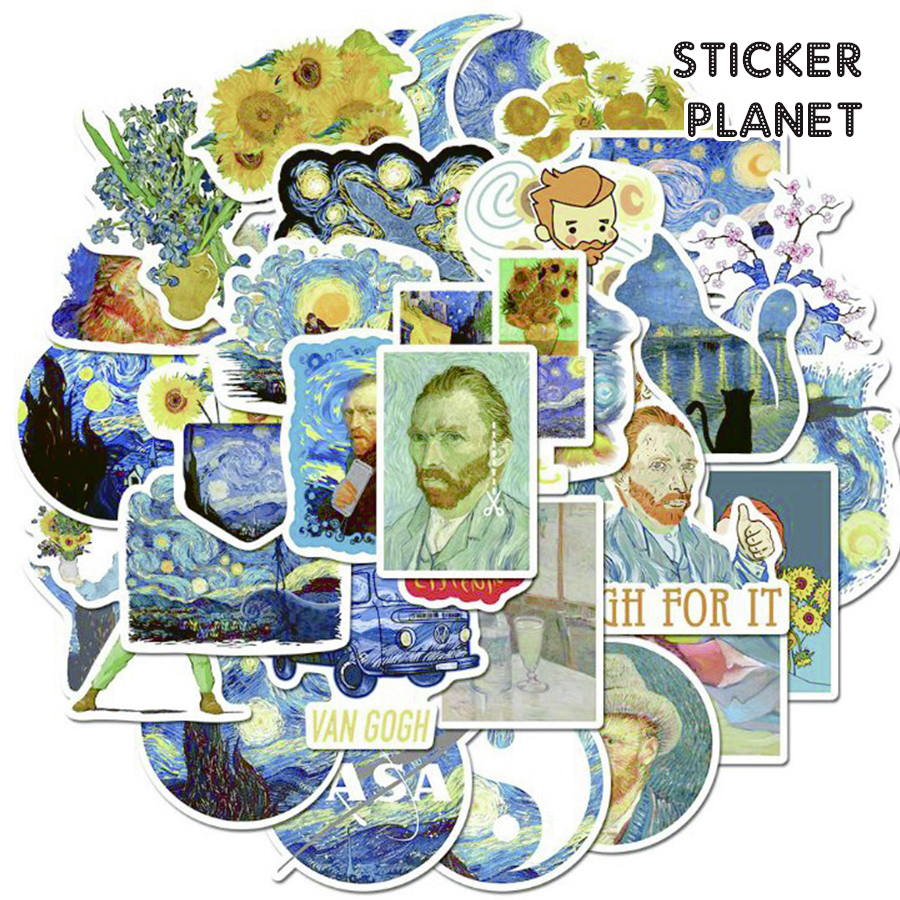 Bộ sticker chủ đề tranh của họa sĩ vangogh chống thấm nước trang trí mũ bảo hiểm, đàn, guitar, ukulele, điện thoại laptop