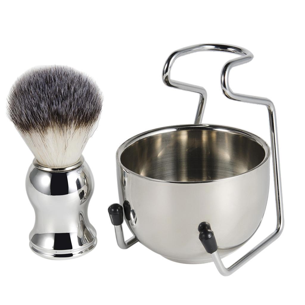 Stainless Steel Shaving Brush Set Brush Stand Holder Bowl Mug Kit