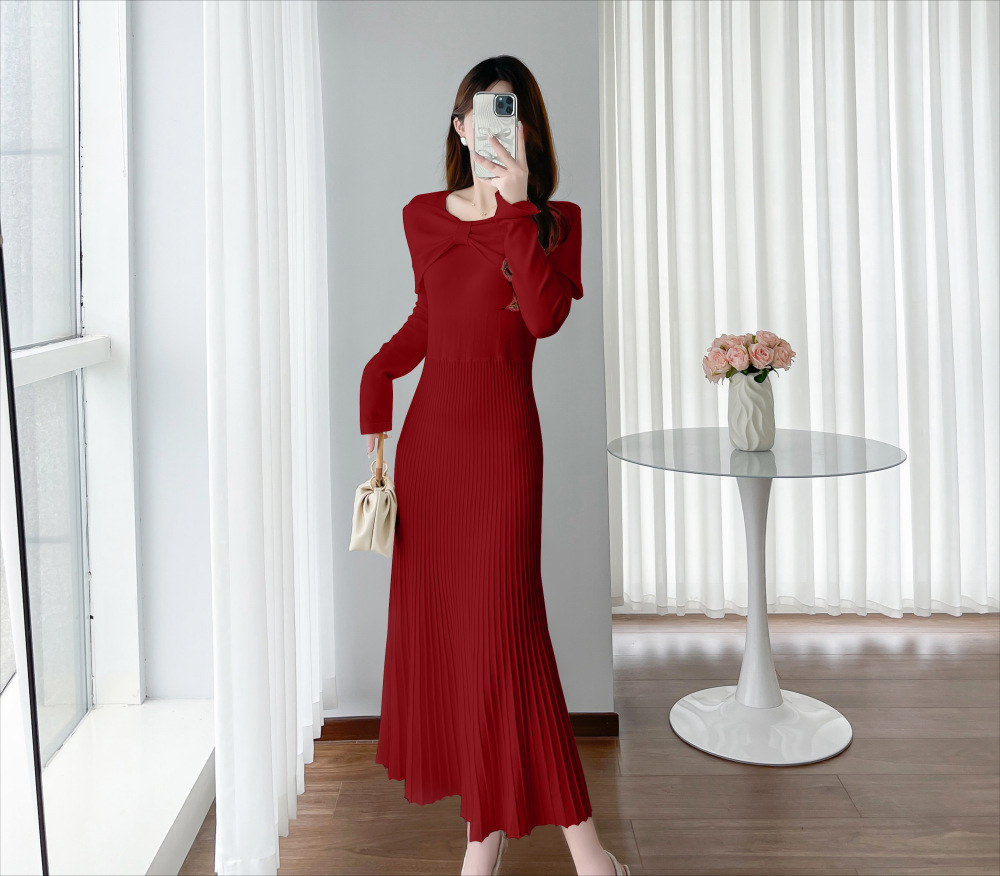 Đầm Len Dệt Kim Cổ Nơ Kiểu Pháp Cổ Điển AL07 - Hàng Quảng Châu Cao Cấp