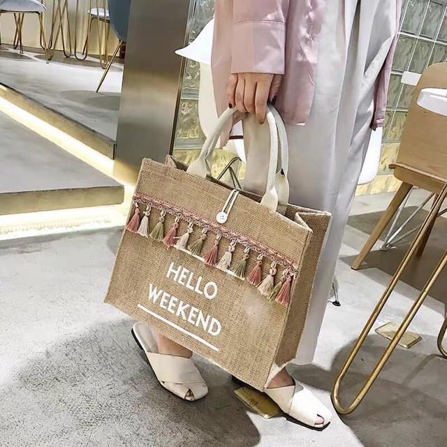 Túi cói, Túi cói đi biển hello weekend Phong cách Hàn Quốc