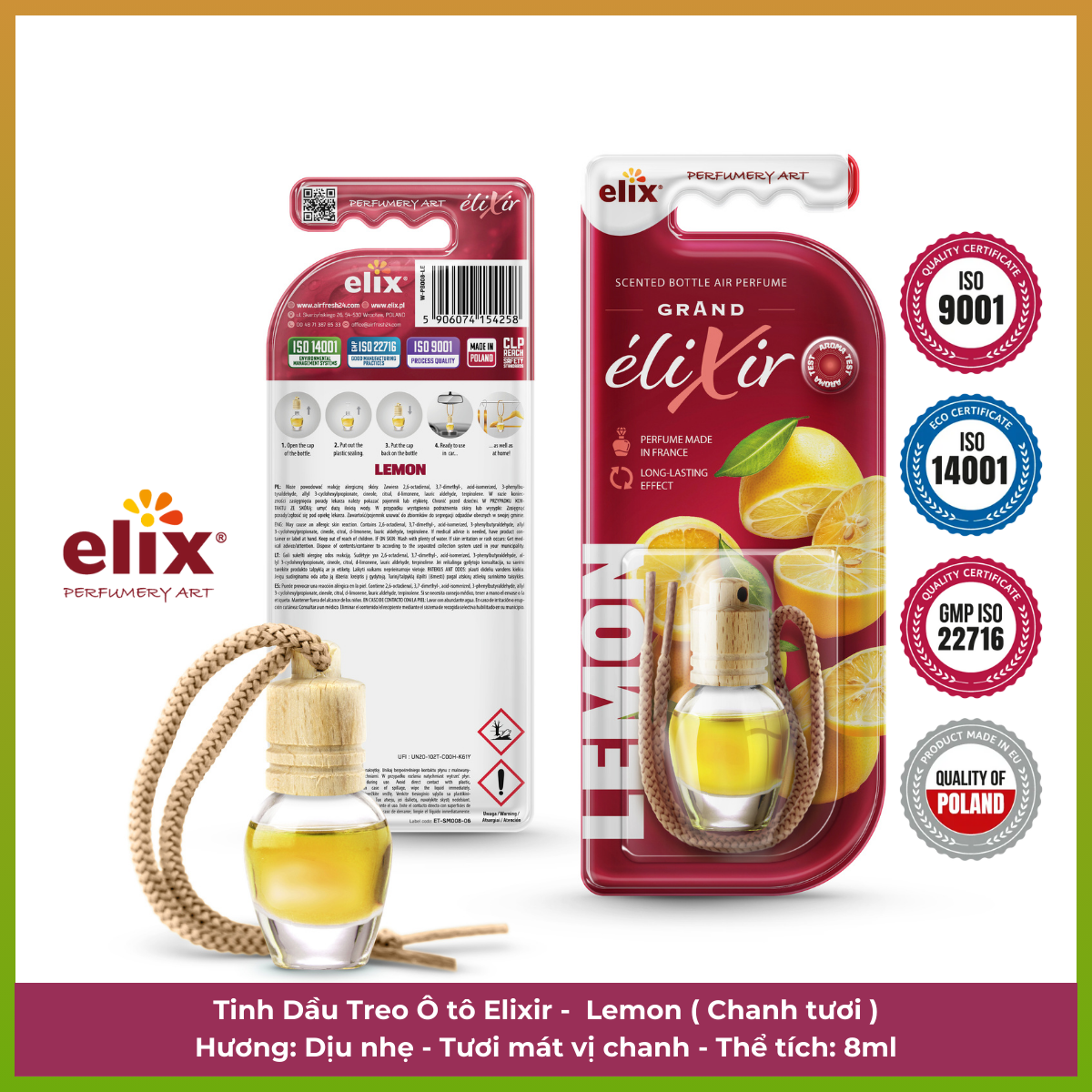 Tinh dầu treo Ô tô tự nhiên Elix - Hương Lemon (Chanh tươi)