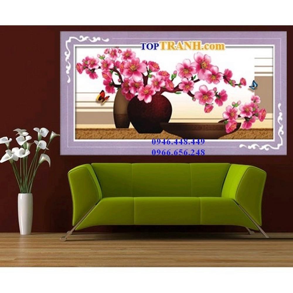 Tranh thêu chữ thập bình hoa đào màu hồng A1143