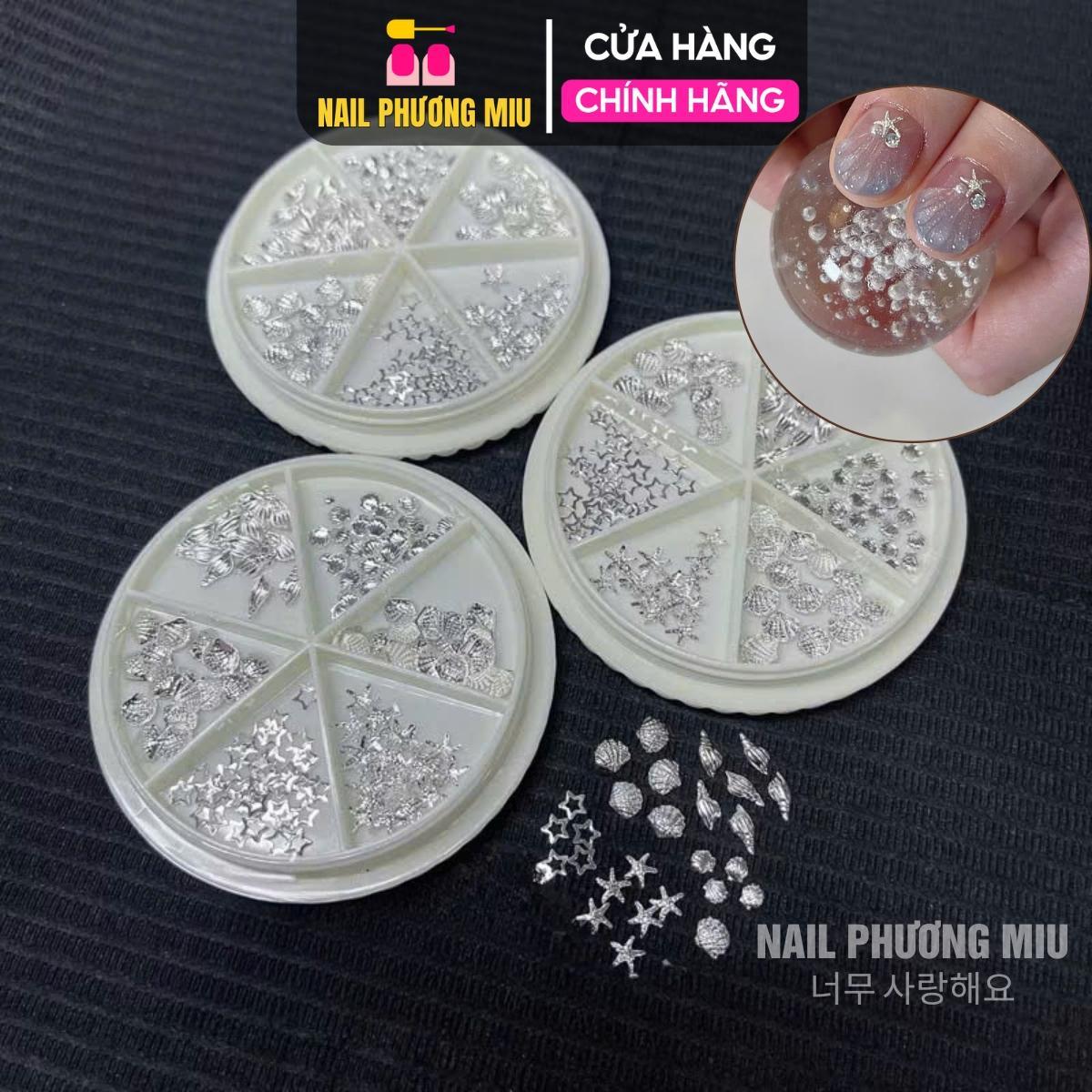 Khay Charm Biển Vỏ Sò, Cá, Sao Biển Mùa Hè Bằng Kim Loại Không Gỉ Hộp Tròn 6 Ô Màu Bạc Làm Nail Sáng Lấp Lánh Nữ Women