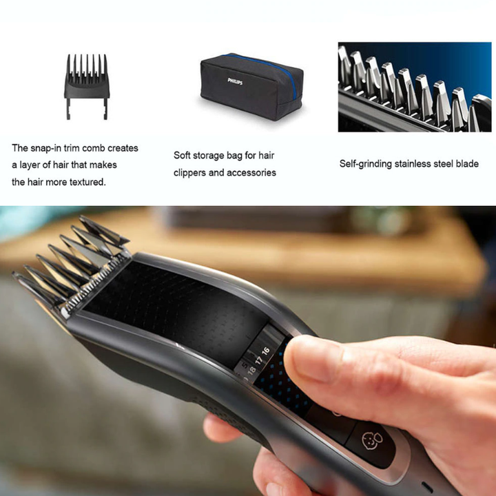Tông đơ cắt tóc cao cấp Philips HC5690/15, trang bị 3 cỡ lược, con xoay điều chỉnh 27 cấp độ cắt tiện lợi - Hàng chính hãng