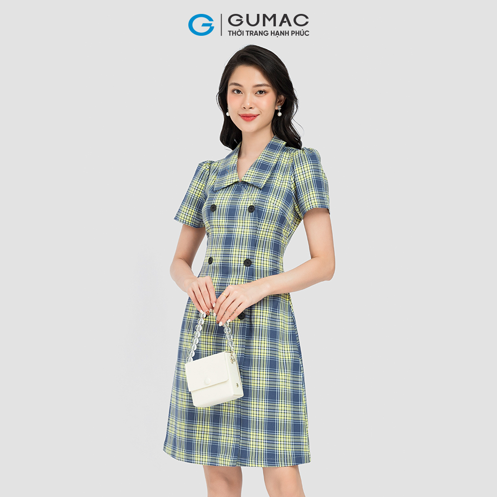 Đầm giả vest GUMAC DC08112 form A ôm nhẹ màu xanh