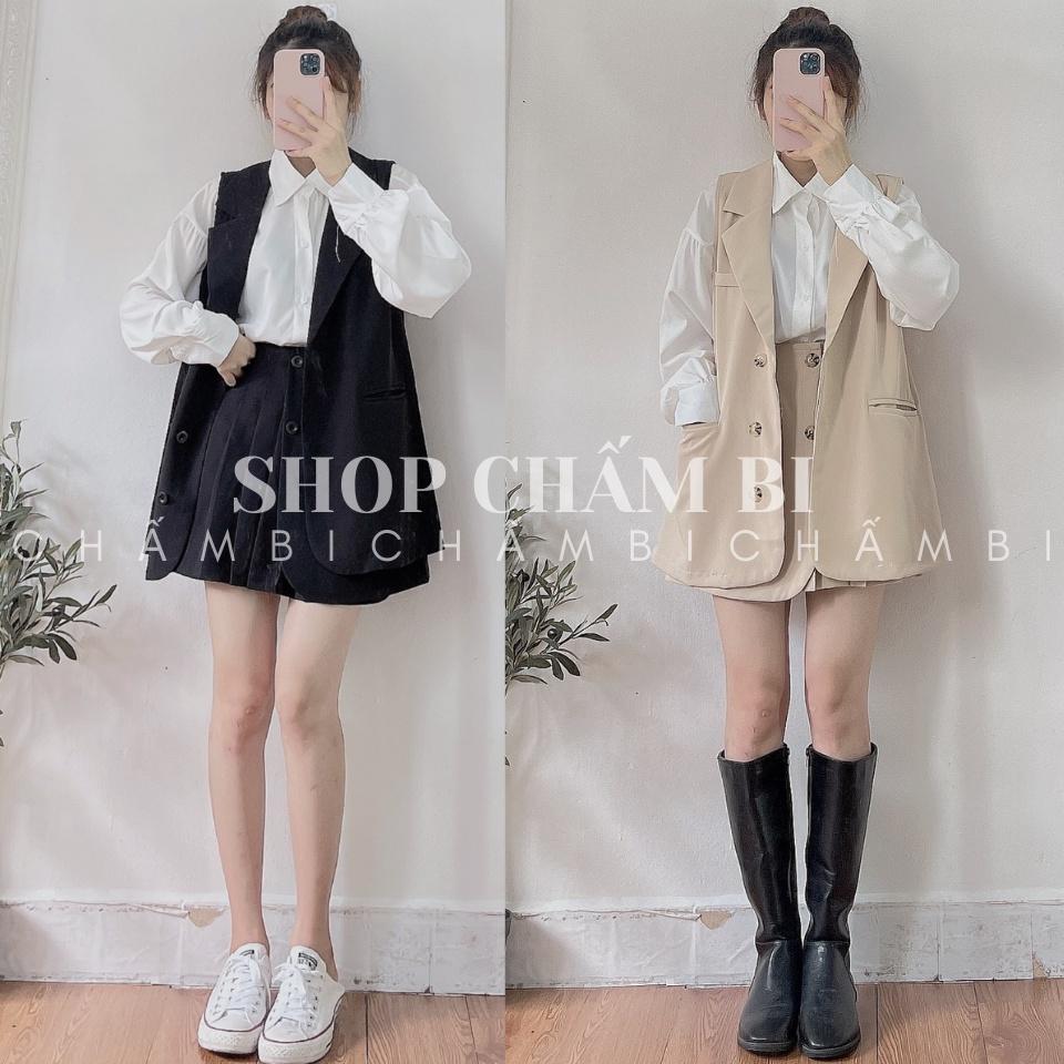 Set bộ đi chơi S.064, Set áo gile cổ vest form rộng cùng chân váy xếp ly cách điệu phong cách Hàn Quốc