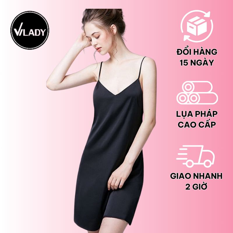 Váy ngủ nữ, váy lụa 2 dây VILADY - V129 dáng suông màu ĐEN huyền bí, chất liệu lụa Pháp cao cấp