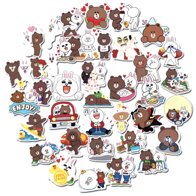 Set 30 sticker Gấu Thỏ Line Brown and Cony hình dán có ép lụa