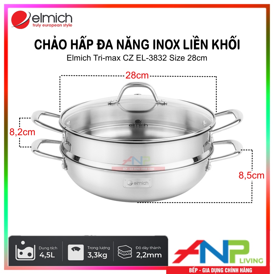 Chảo Xào (Nồi Lẩu) kèm Xửng Hấp Liền Khối Elmich Tri-max CZ EL-3832 (Đường kính 28cm, Dung Tích 4,5L) - Hàng Chính Hãng